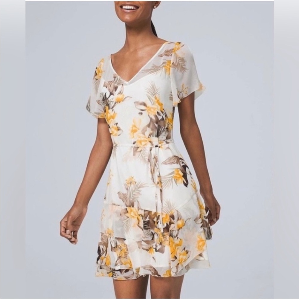 WHBM white and yellow floral print dress with ruffle hem and slit sleeves